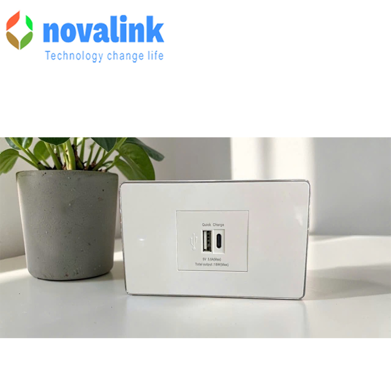 Bộ ổ cắm USB A+C &acirc;m tường 5V-3A c&ocirc;ng xuất 18W hỗ trợ sạc nhanh Quick charge Novalink